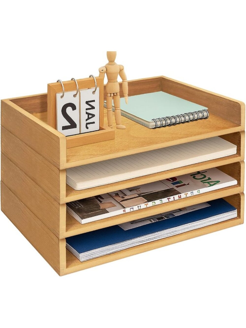 Stackable Wooden Paper Organizer - 4 Tray Desk File Holder for Mail & Documents
